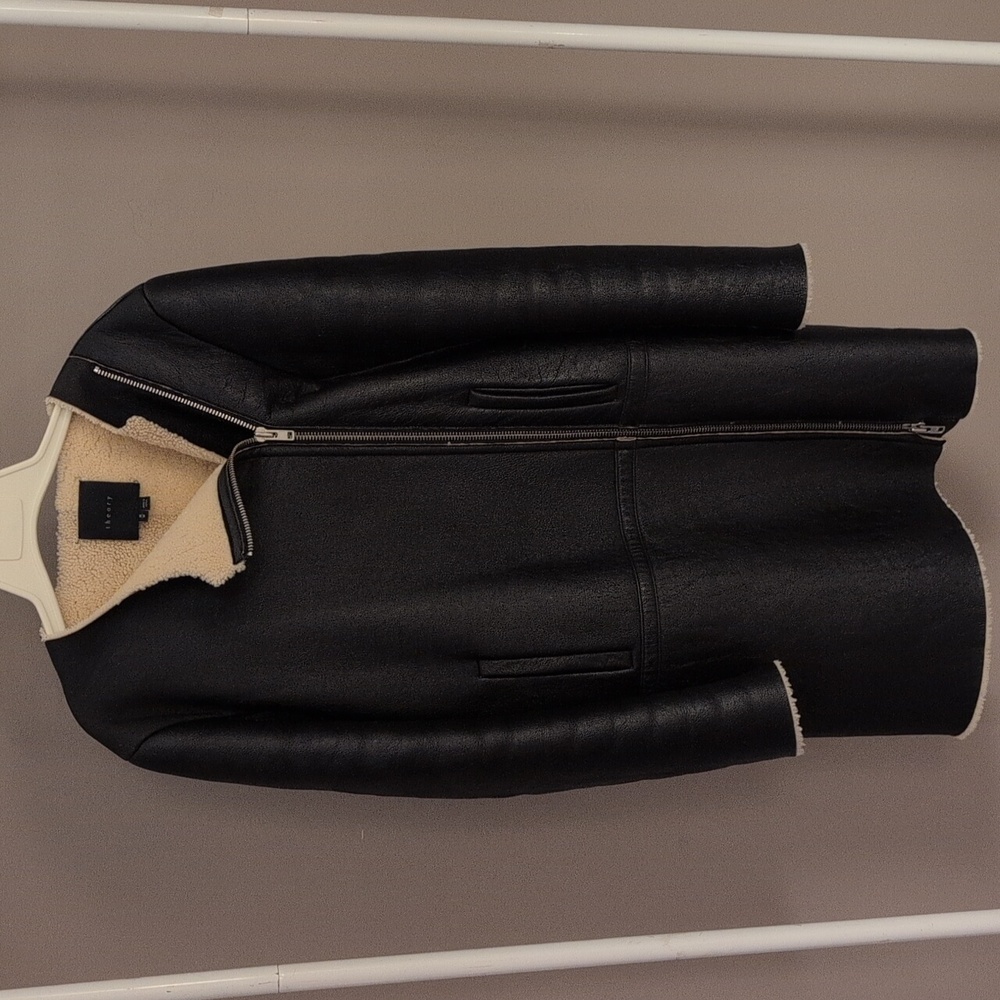 Theory Gabarina leather and shearling zip coat